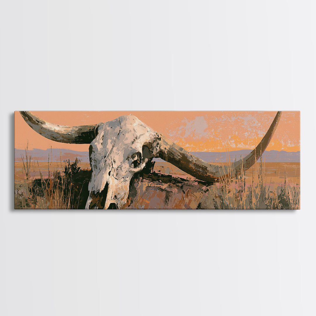 Sun Bleached Longhorn Skull Still Life Framed Canvas Print, Southwestern Art, Landscape Painting, Southwestern Decor, Mesa, SOU-3x1-1