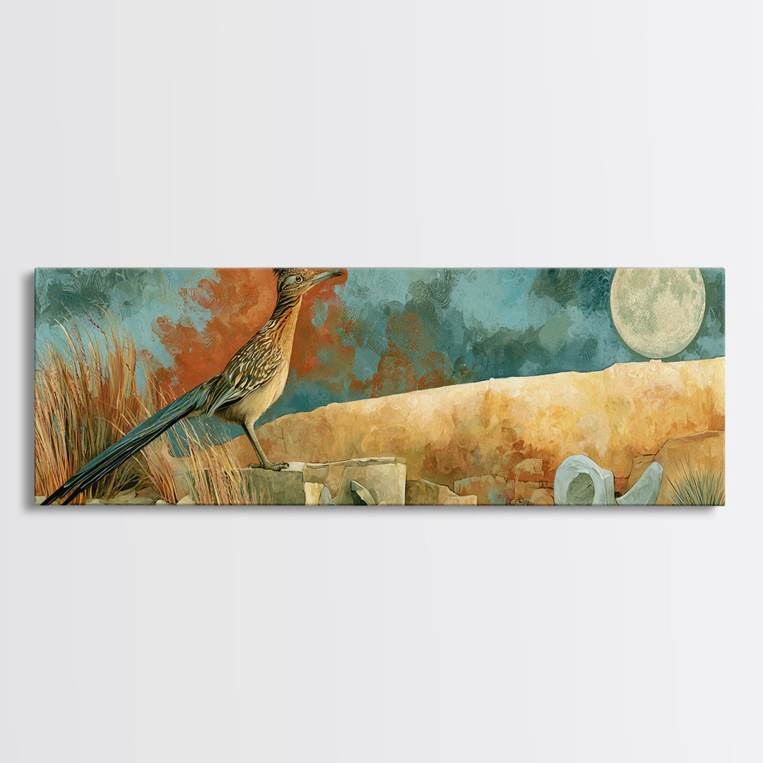 Roadrunner under a Pale Desert Moon Canvas Print, Southwestern Art, Antique Oil Painting, Southwestern Decor, Fine Art, Mesa, SOU-3x1-24