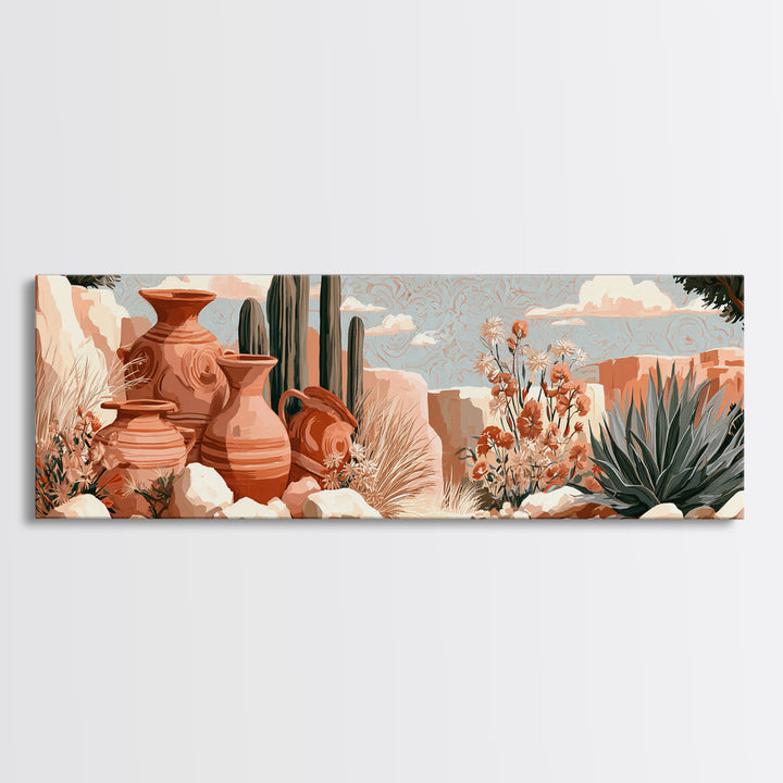 Painted Pottery and Desert Wildflowers Framed Canvas Print, Southwestern Art, Rustic Home Decor, Southwestern Decor, Mesa, SOU-3x1-32