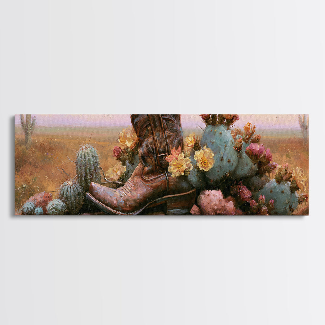 Western Boot with Cactus Blossoms Canvas Print, Southwestern Art, Landscape Art, Southwestern Decor, Mesa, Statement Artwork, SOU-3x1-33