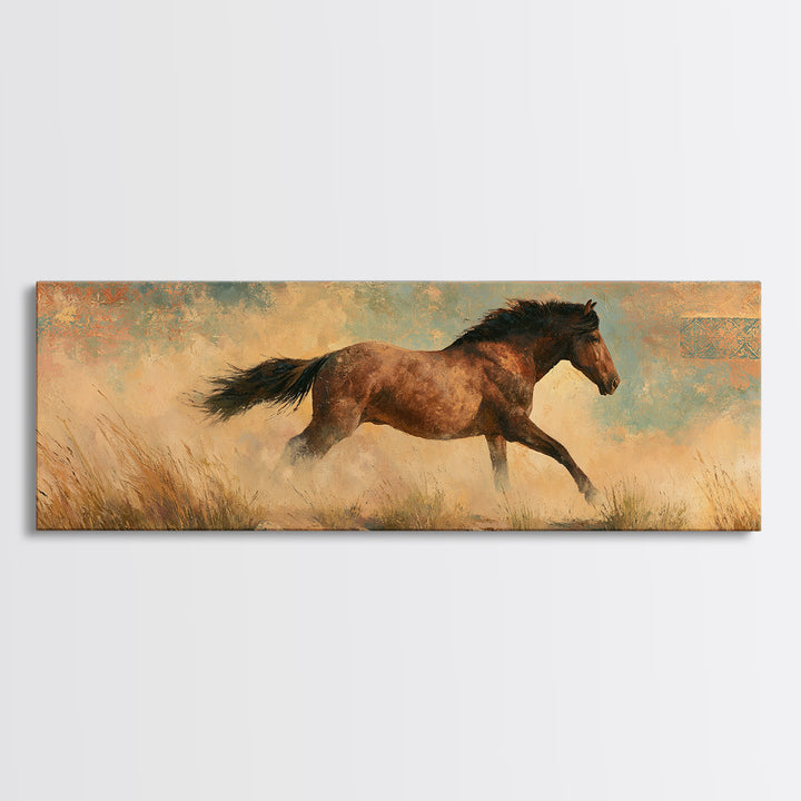 Wild Mustang Running Through Dusty Canyon Canvas Print, Southwestern Art, Landscape Painting, Southwestern Decor, SOU-3x1-46