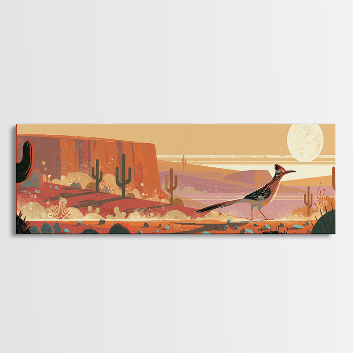 Roadrunner under a Pale Desert Moon Canvas Print, Southwestern Art, Textured Painting, Southwestern Decor, Watercolor Art, Mesa, SOU-3x1-48