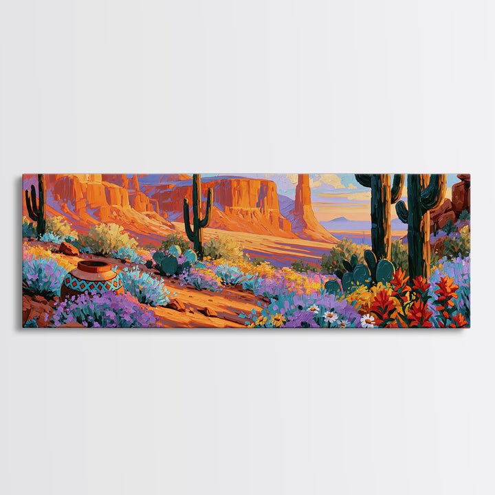Painted Pottery and Desert Wildflowers Framed Canvas Print, Southwestern Art, Minimalist Decor, Southwestern Decor, SOU-3x1-56