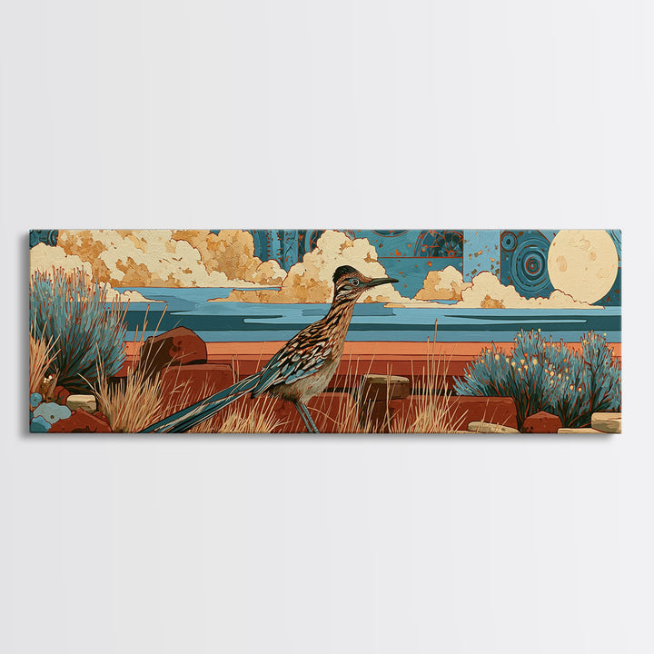 Roadrunner under a Pale Desert Moon Framed Canvas Print, Southwestern Art, Art, Southwestern Decor, Mesa, Boho Wall Decor, SOU-3x1-72