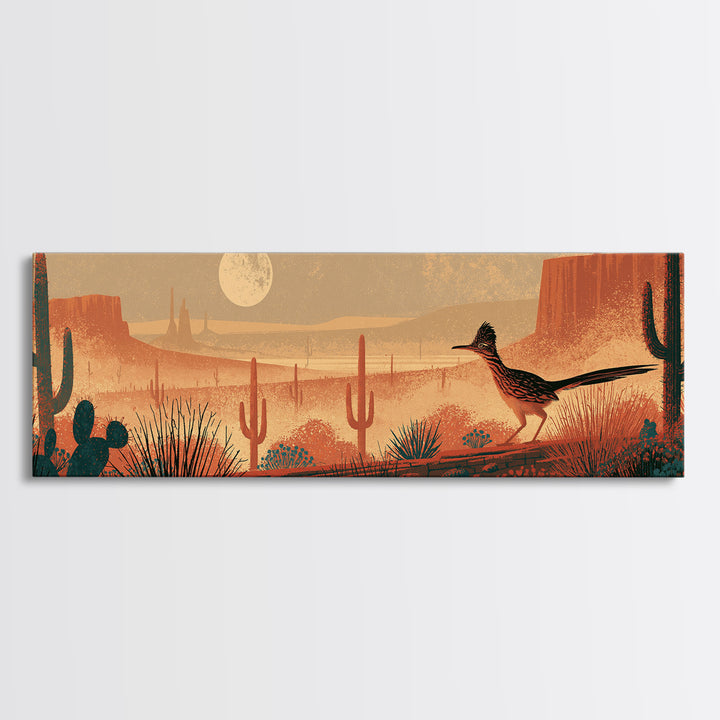 Roadrunner under a Pale Desert Moon Canvas Print, Southwestern Art, Textured Painting, Southwestern Decor, Watercolor Art, Mesa, SOU-3x1-96