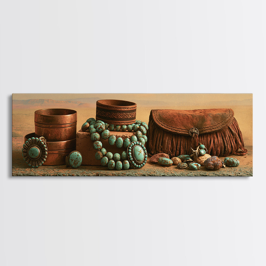 Turquoise Jewelry and Leather Still Life Framed Canvas Print, Southwestern Art, Digital Wall Art, Southwestern Decor, Mesa, SOU-3x1-99