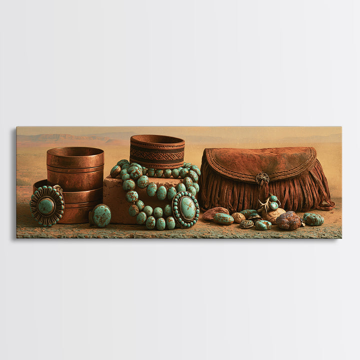 Turquoise Jewelry and Leather Still Life Framed Canvas Print, Southwestern Art, Digital Wall Art, Southwestern Decor, Mesa, SOU-3x1-99