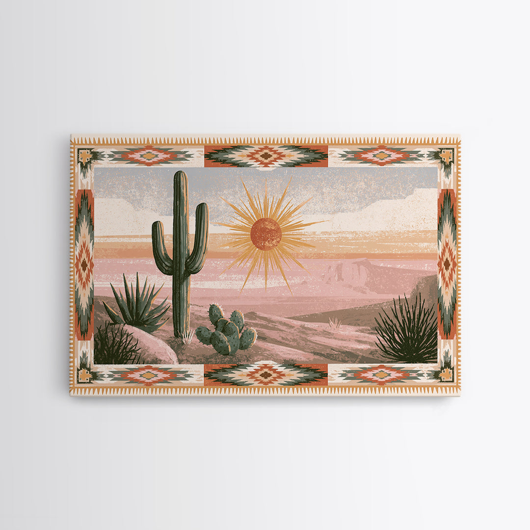 Sun Symbol with Geometric Southwest Border Canvas Print, Southwestern Art, Landscape Painting, Southwestern Decor, Abstract Art, SOU-3x2-1