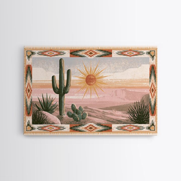 Sun Symbol with Geometric Southwest Border Canvas Print, Southwestern Art, Landscape Painting, Southwestern Decor, Abstract Art, SOU-3x2-1