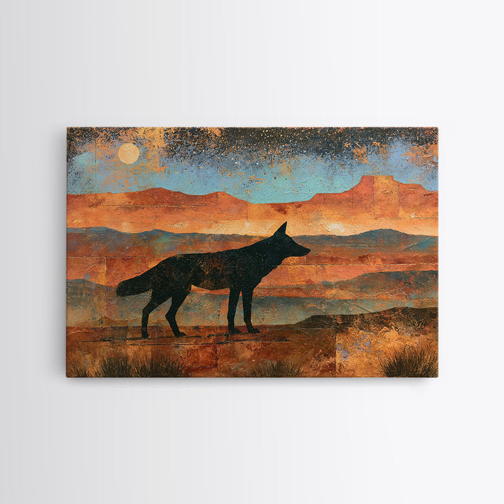 Coyote Silhouette Beneath Starry Sky Framed Canvas Print, Southwestern Art, Statement Artwork, Southwestern Decor, Mesa, SOU-3x2-19