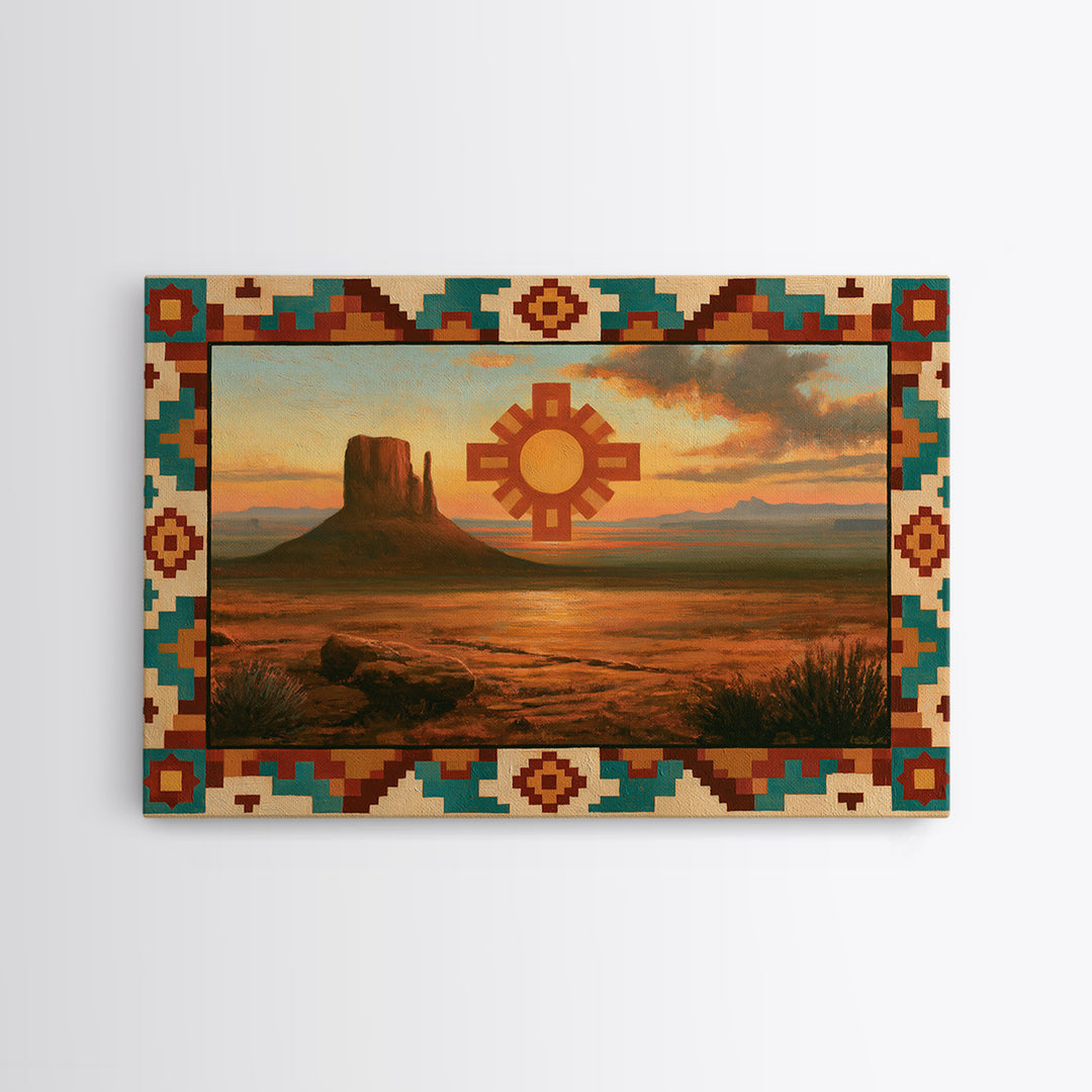 Sun Symbol with Geometric Southwest Border Framed Canvas Print, Southwestern Art, Western Home Decor, Southwestern Decor, Mesa, SOU-3x2-25