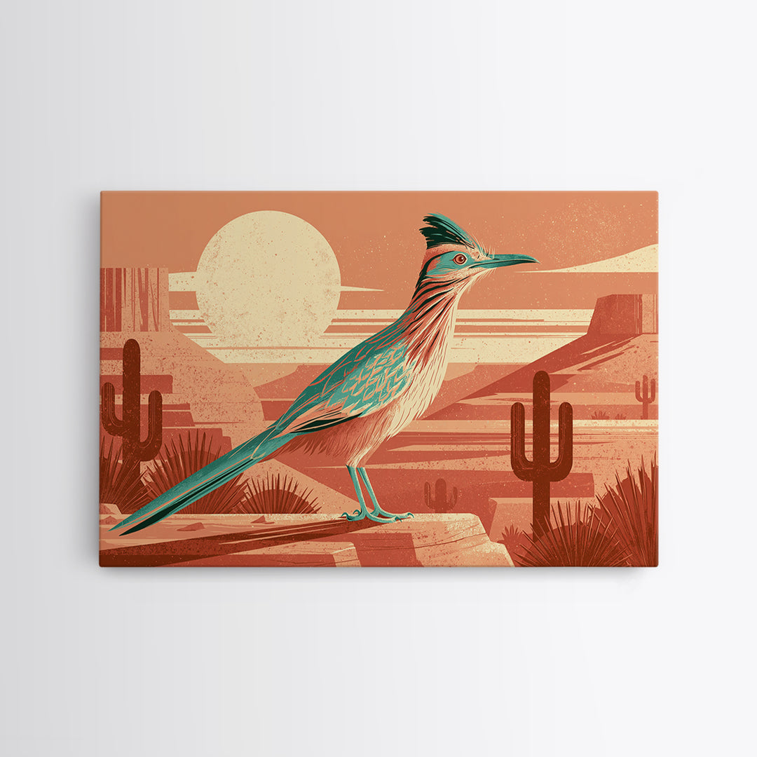 Roadrunner under a Pale Desert Moon Framed Canvas Print, Southwestern Art, Antique Oil Painting, Southwestern Decor, Mesa, SOU-3x2-36