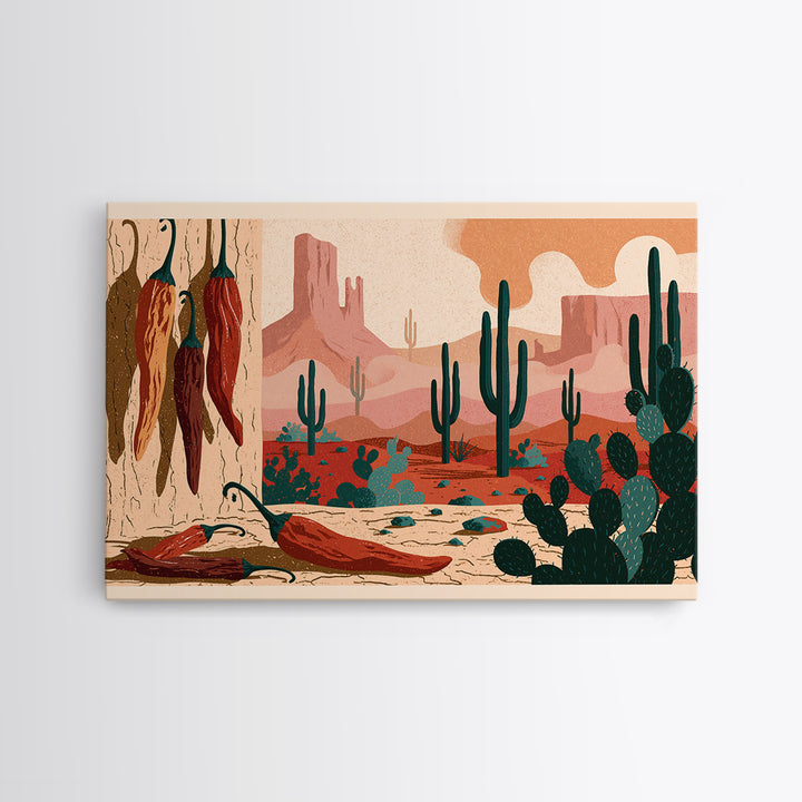 Dried Chili Peppers and Adobe Texture Canvas Print, Southwestern Art, Boho Wall Decor, Southwestern Decor, Oil Painting, Mesa, SOU-3x2-4