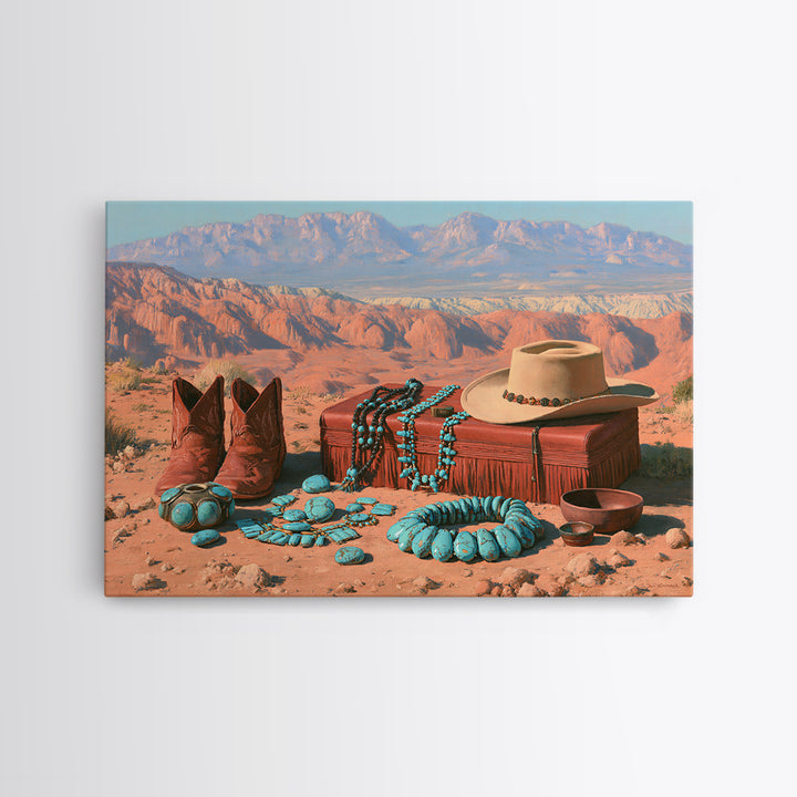 Turquoise Jewelry and Leather Still Life Framed Canvas Print, Southwestern Art, Landscape Art, Southwestern Decor, Mesa, SOU-3x2-63