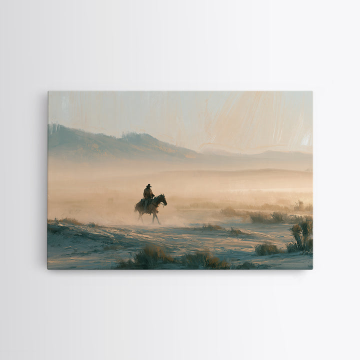 Horse Rider Crossing Desert at Dusk Framed Canvas Print, Southwestern Art, Rustic Home Decor, Southwestern Decor, SOU-3x2-71