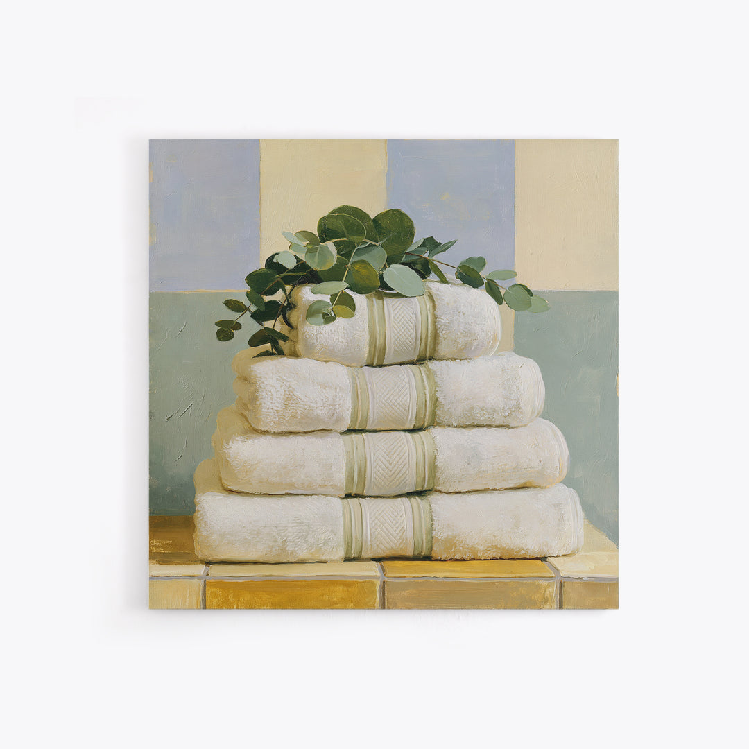 White Towels and Eucalyptus Without Room Context Framed Canvas Print, Spa Art, City Art, Spa Decor, Watercolor Art, Serenity, SPA-1x1-24