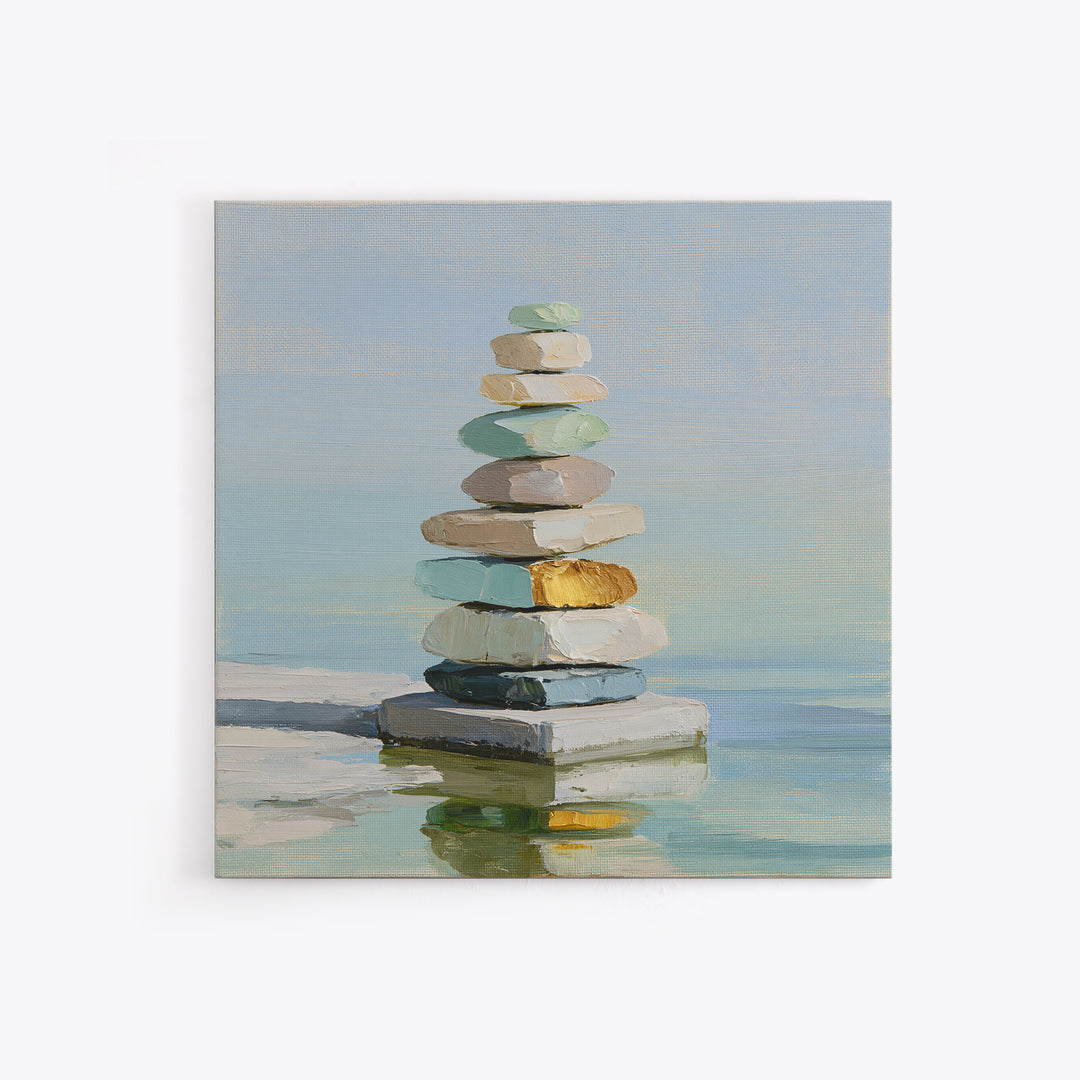 Stacked Stones Beside Calm Water Canvas Print, Spa Art, Art Print, Spa Decor, Fine Art, Serenity, Botanical Art, Nature Prints, SPA-1x1-25