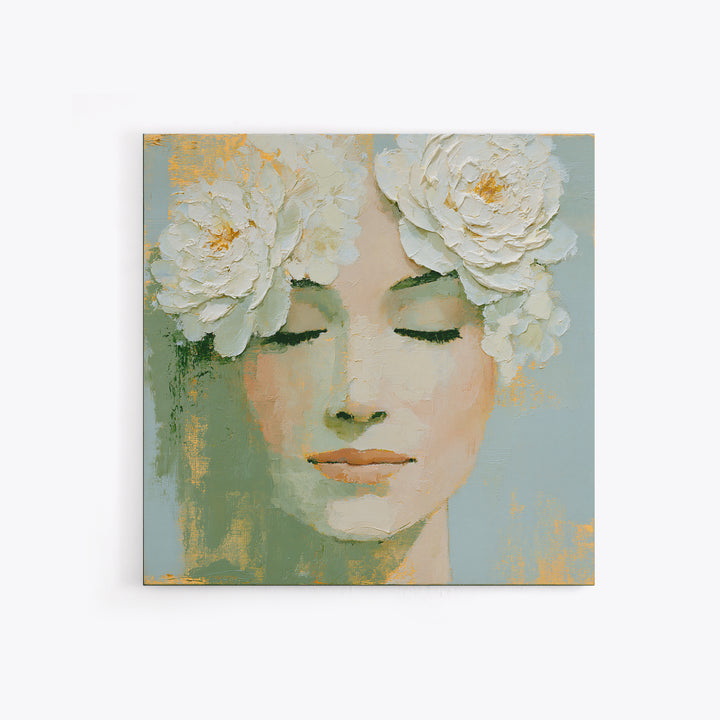 Minimal Face with Closed Eyes and Flowers Framed Canvas Print, Spa Art, Dog Groomer Gifts, Spa Decor, Fine Art, Serenity, SPA-1x1-43