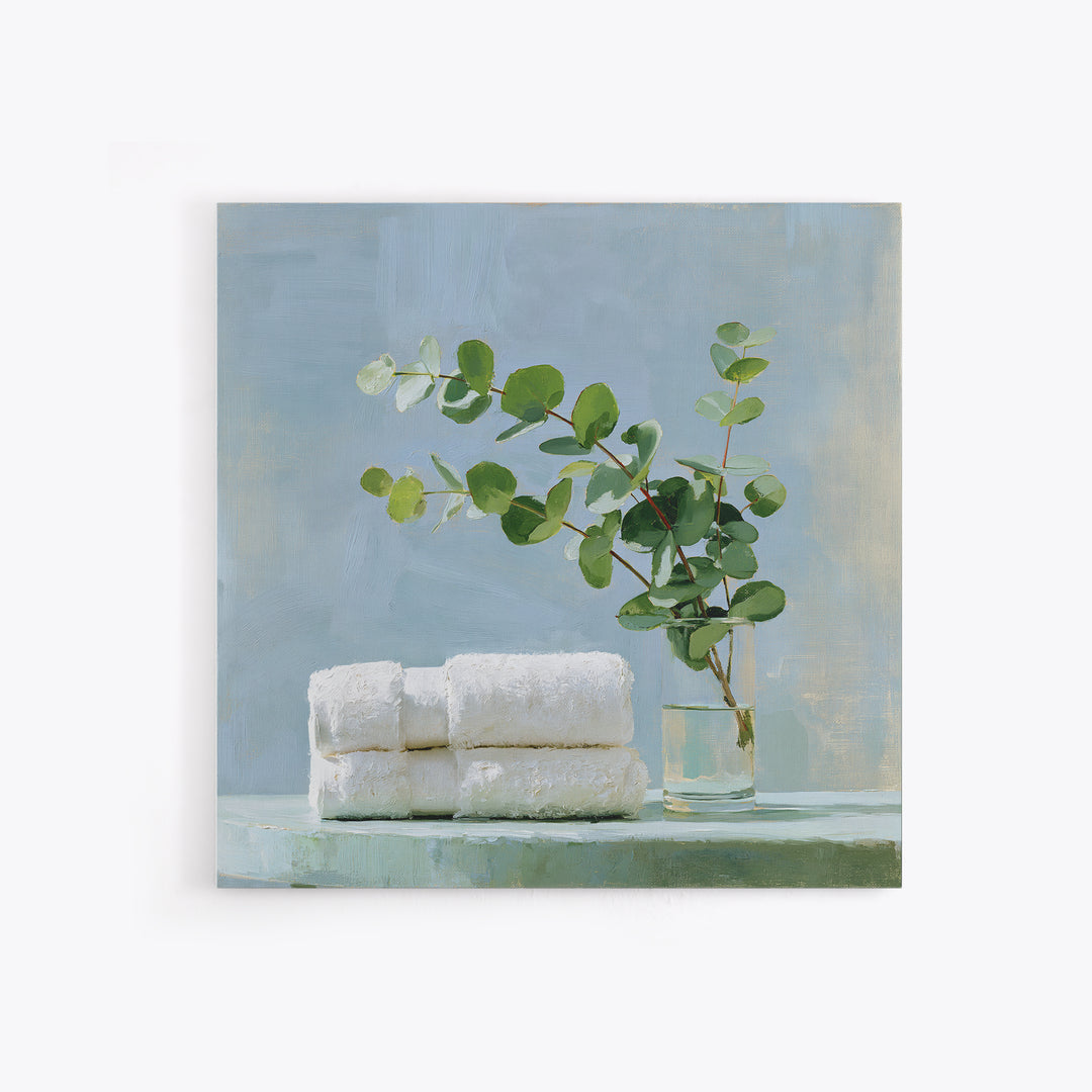 White Towels and Eucalyptus Without Room Context Framed Canvas Print, Spa Art, Wall Decor, Spa Decor, Fine Art, Serenity, SPA-1x1-48