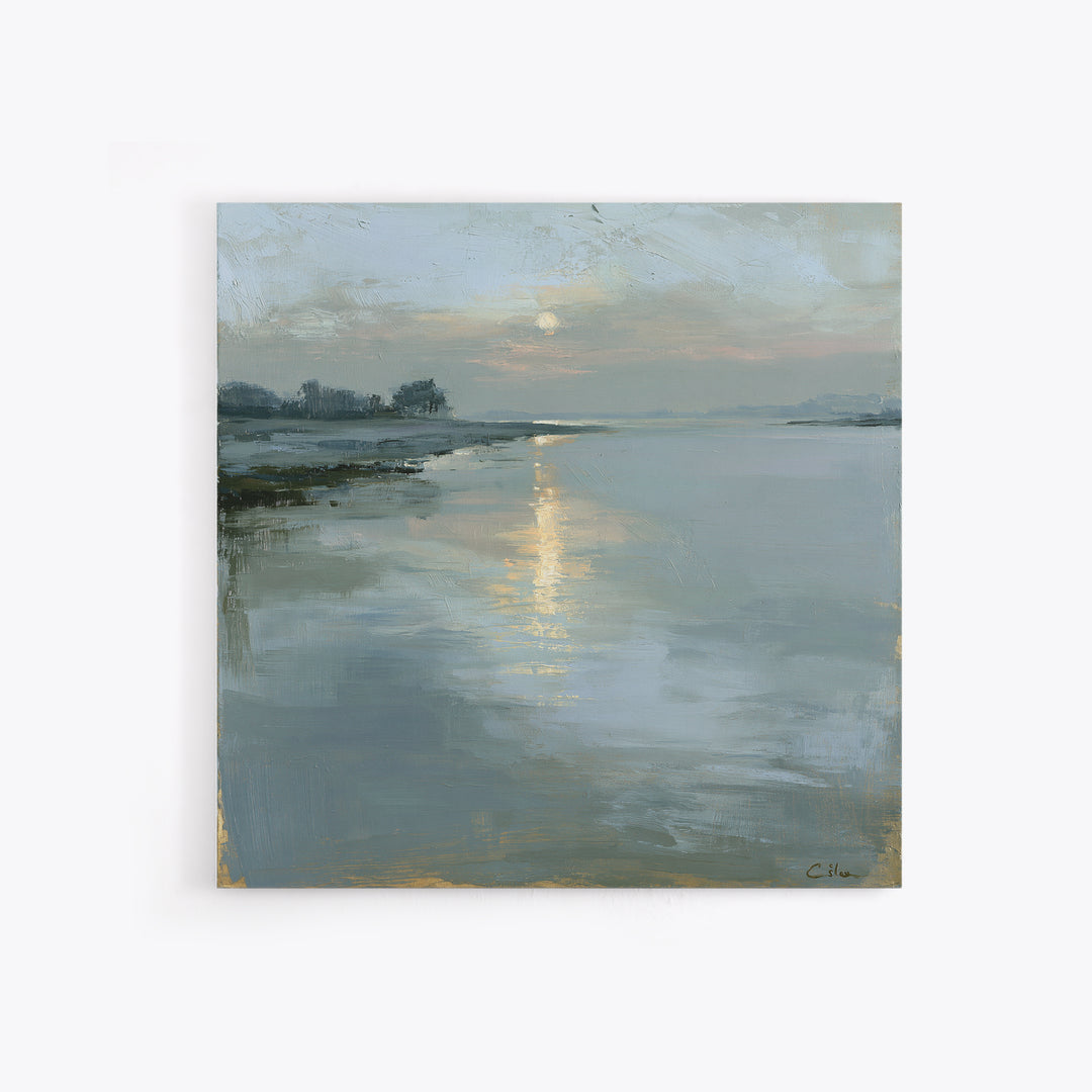 Moonlit Lake Reflection Framed Canvas Print, Spa Art, Tarot Card Art, Spa Decor, Fine Art, Serenity, Textured Painting, SPA-1x1-71
