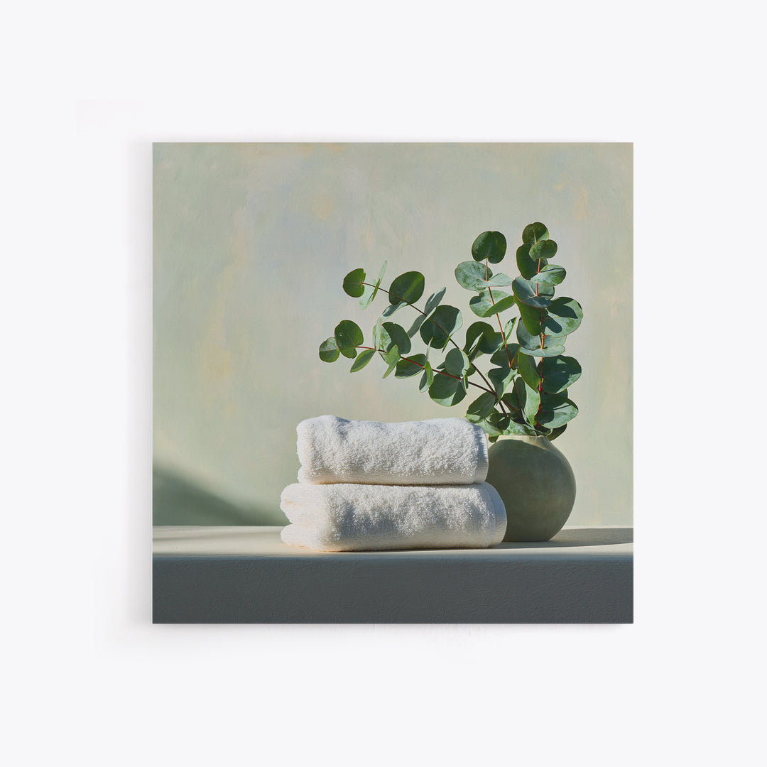 White Towels and Eucalyptus Without Room Context Framed Canvas Print, Spa Art, Wall Art Print, Spa Decor, Fine Art, Serenity, SPA-1x1-96