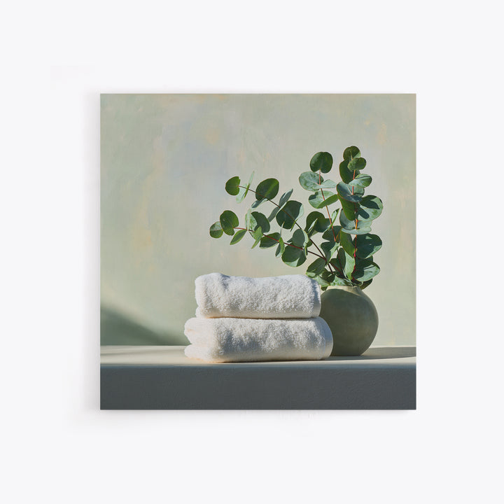 White Towels and Eucalyptus Without Room Context Framed Canvas Print, Spa Art, Wall Art Print, Spa Decor, Fine Art, Serenity, SPA-1x1-96
