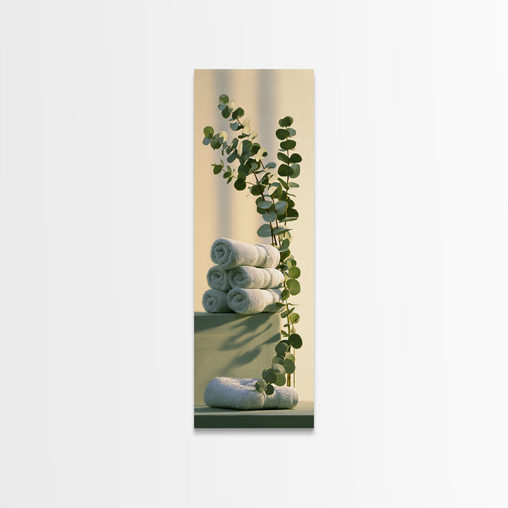 White Towels and Eucalyptus Without Room Context Canvas Print, Spa Art, Wall Art, Spa Decor, Oil Painting, Serenity, SPA-1x3-12