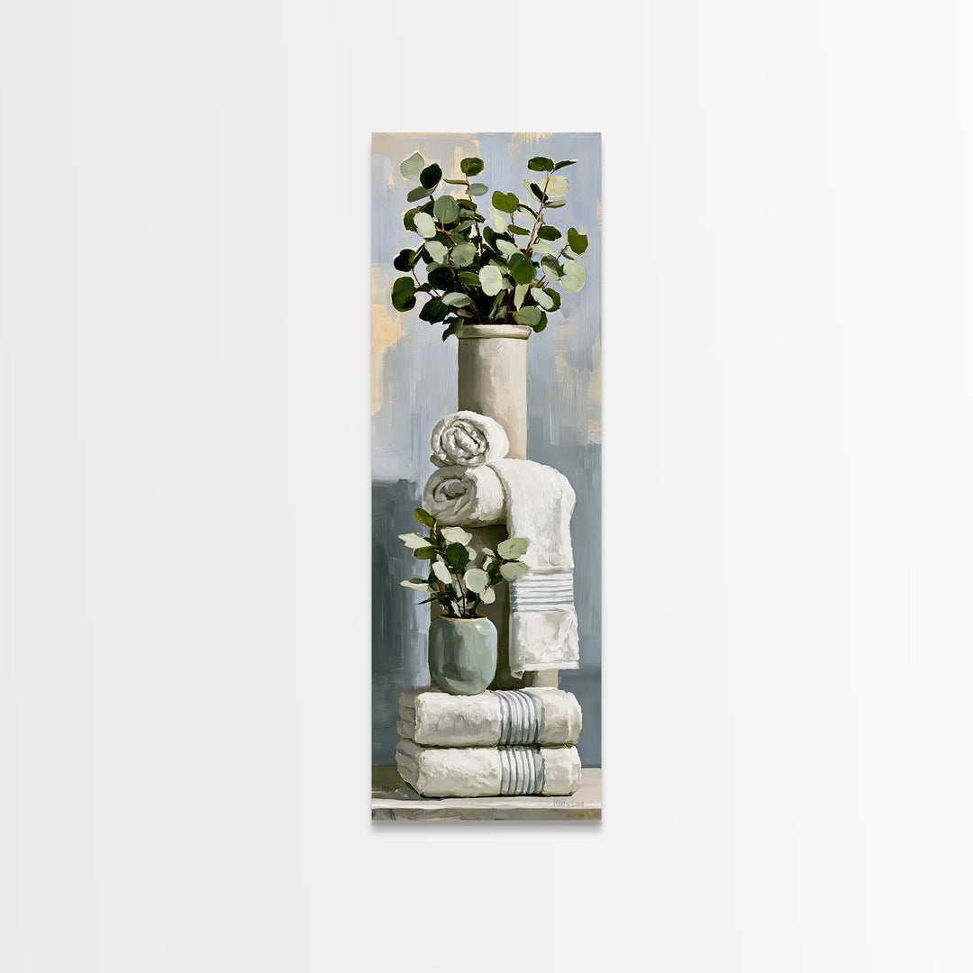 White Towels and Eucalyptus Without Room Context Framed Canvas Print, Spa Art, Wall Art Print, Spa Decor, Fine Art, Serenity, SPA-1x3-36