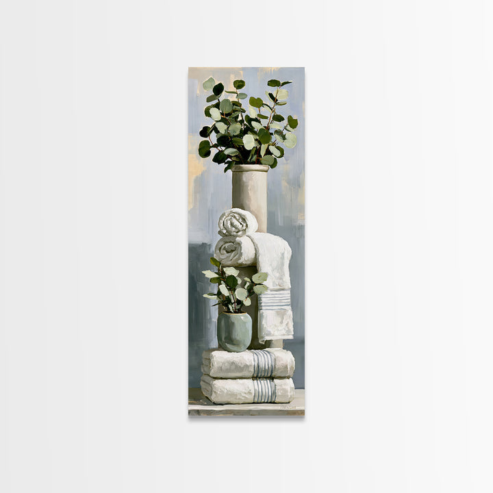 White Towels and Eucalyptus Without Room Context Framed Canvas Print, Spa Art, Wall Art Print, Spa Decor, Fine Art, Serenity, SPA-1x3-36