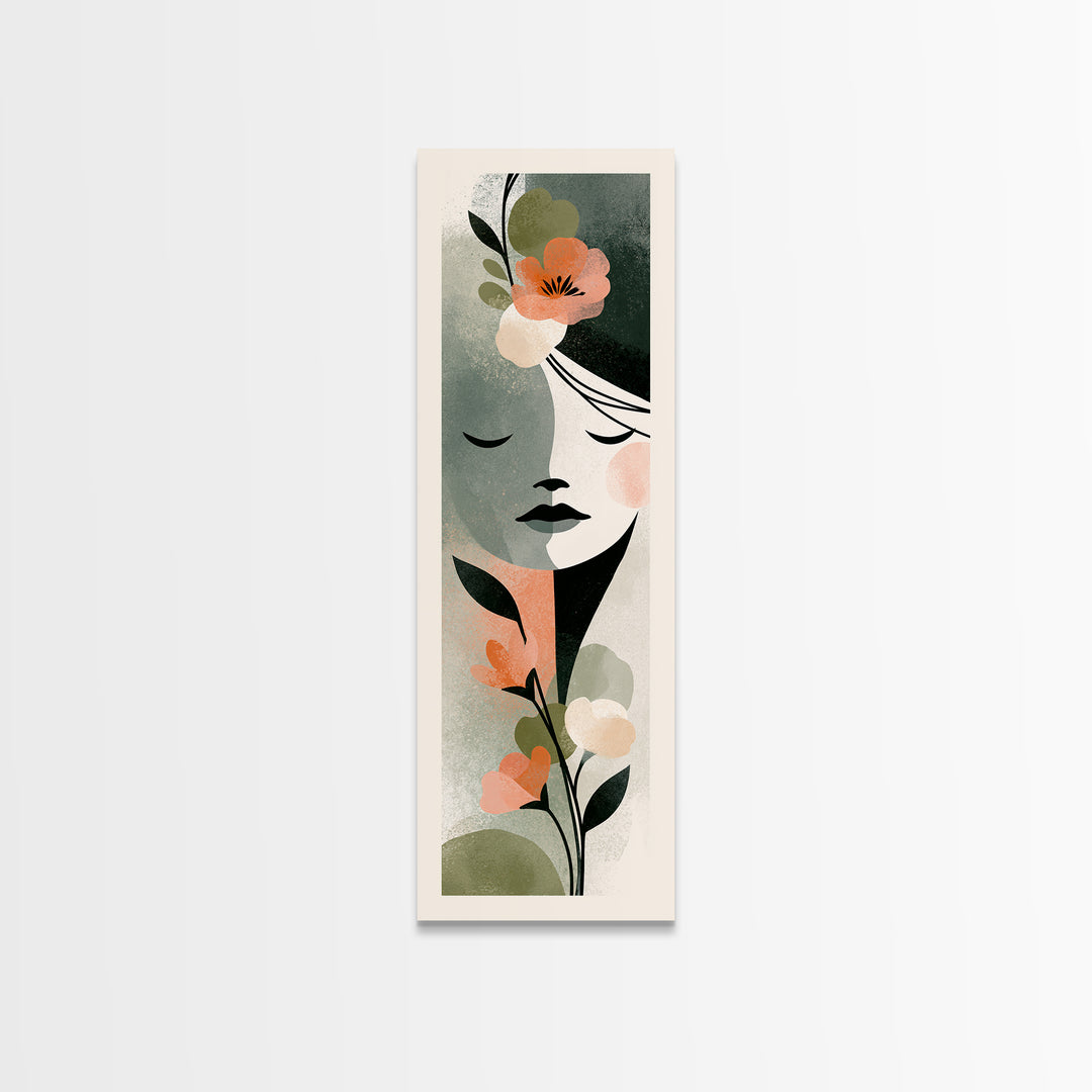 Minimal Face with Closed Eyes and Flowers Framed Canvas Print, Spa Art, Esthetician Decor, Spa Decor, Oil Painting, Serenity, SPA-1x3-79