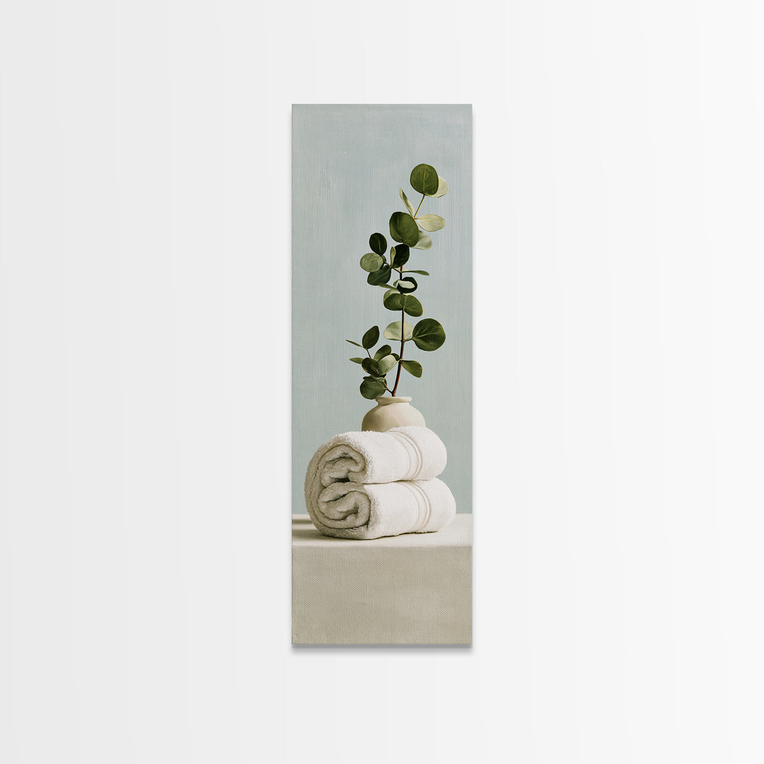 White Towels and Eucalyptus Without Room Context Framed Canvas Print, Spa Art, Fine Art Photography, Spa Decor, Serenity, SPA-1x3-84