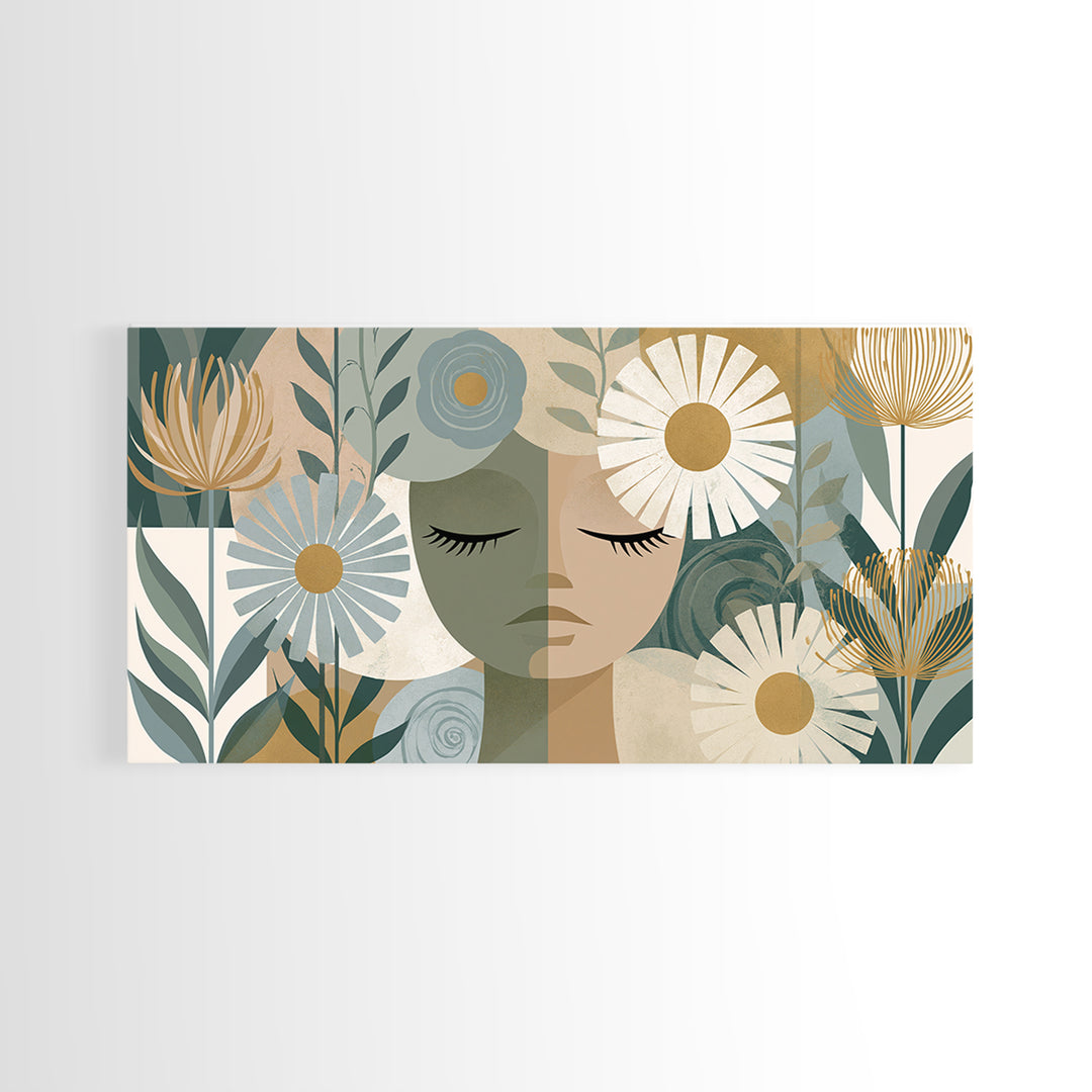 Minimal Face with Closed Eyes and Flowers Framed Canvas Print, Spa Art, Home Decor, Spa Decor, Fine Art, Serenity, Dog Wall Art, SPA-2x1-15