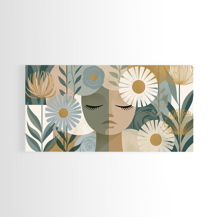 Minimal Face with Closed Eyes and Flowers Framed Canvas Print, Spa Art, Home Decor, Spa Decor, Fine Art, Serenity, Dog Wall Art, SPA-2x1-15