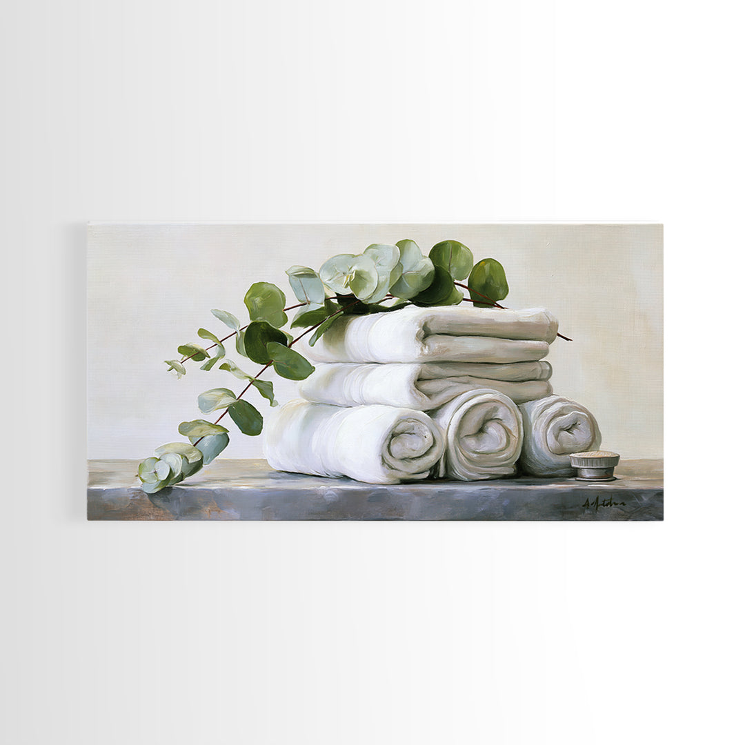 White Towels and Eucalyptus Without Room Context Framed Canvas Print, Spa Art, Statement Artwork, Spa Decor, Fine Art, Serenity, SPA-2x1-20