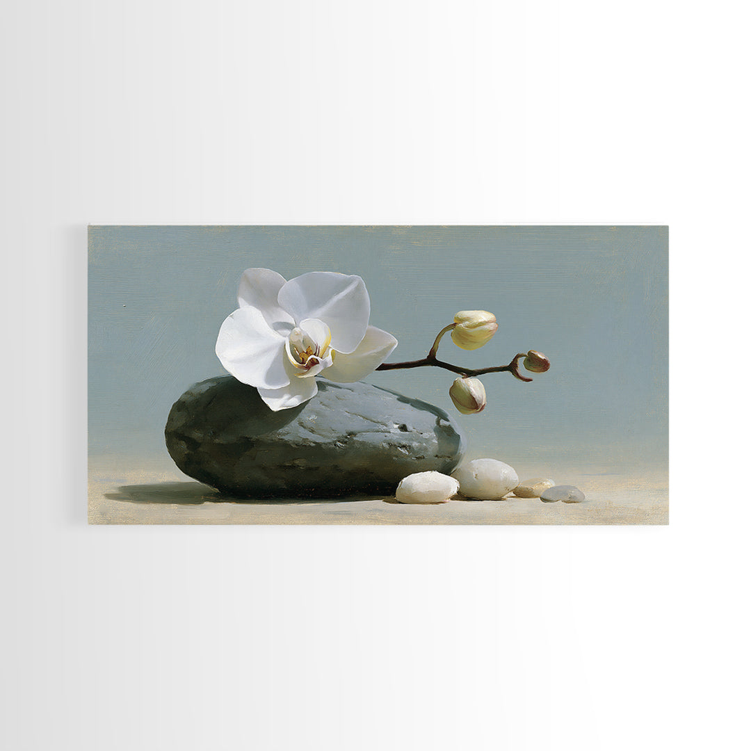 White Orchid on Smooth Gray Stone Canvas Print, Spa Art, Room Decor, Spa Decor, Serenity, Nature Prints, Travel Poster, SPA-2x1-22