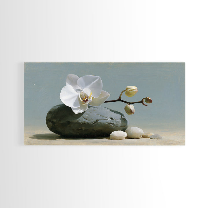 White Orchid on Smooth Gray Stone Canvas Print, Spa Art, Room Decor, Spa Decor, Serenity, Nature Prints, Travel Poster, SPA-2x1-22