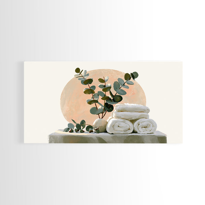 White Towels and Eucalyptus Without Room Context Canvas Print, Spa Art, Textured Painting, Spa Decor, Abstract Art, Serenity, SPA-2x1-44