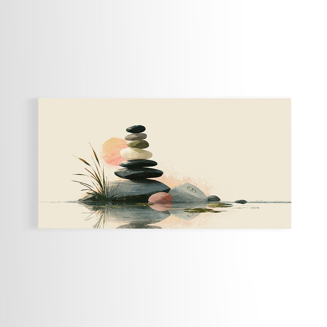 Stacked Stones Beside Calm Water Framed Canvas Print, Spa Art, Spa, Spa Decor, Fine Art, Serenity, Teen Girl Room Decor, SPA-2x1-45