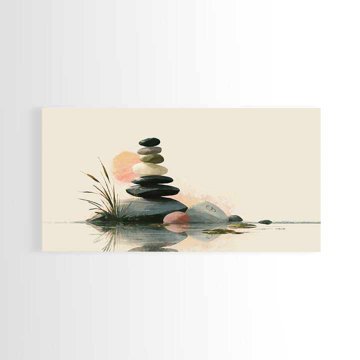 Stacked Stones Beside Calm Water Framed Canvas Print, Spa Art, Spa, Spa Decor, Fine Art, Serenity, Teen Girl Room Decor, SPA-2x1-45