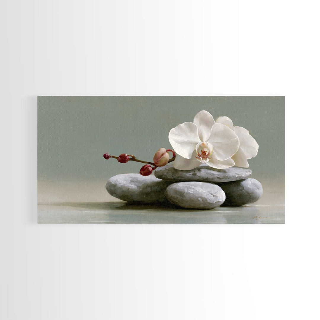 White Orchid on Smooth Gray Stone Framed Canvas Print, Spa Art, Art, Spa Decor, Serenity, Abstract Print, Minimalist Art, SPA-2x1-46