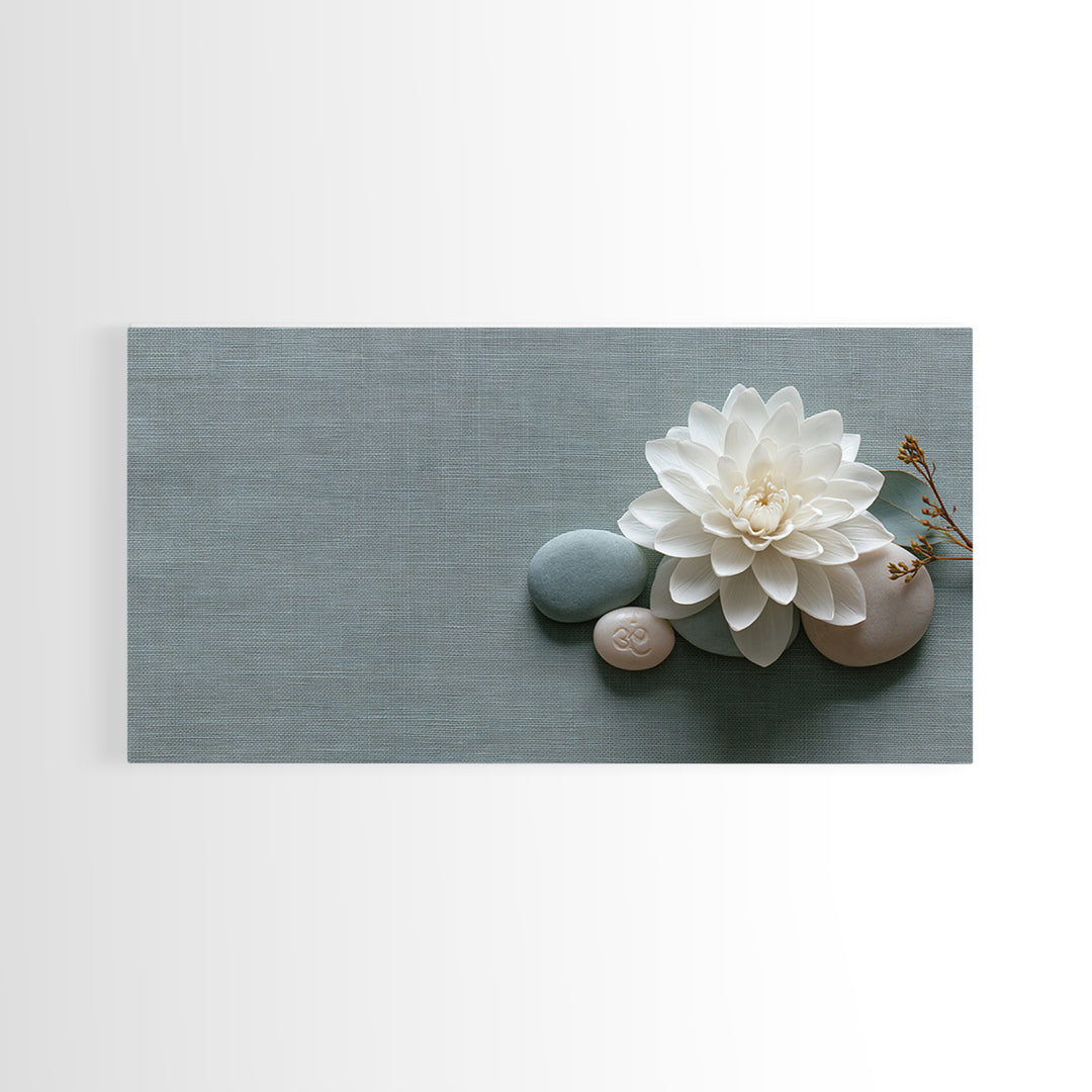 Single White Flower on Linen Ground Canvas Print, Spa Art, Abstract, Spa Decor, Fine Art, Serenity, City Art, Spa Wall Art, SPA-2x1-61