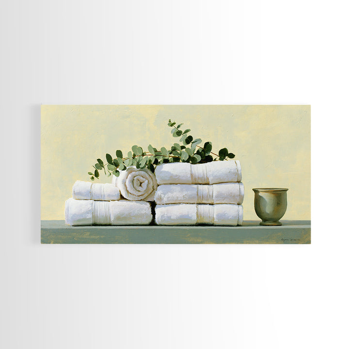 White Towels and Eucalyptus Without Room Context Canvas Print, Spa Art, Nature Prints, Spa Decor, Watercolor Art, Serenity, SPA-2x1-68