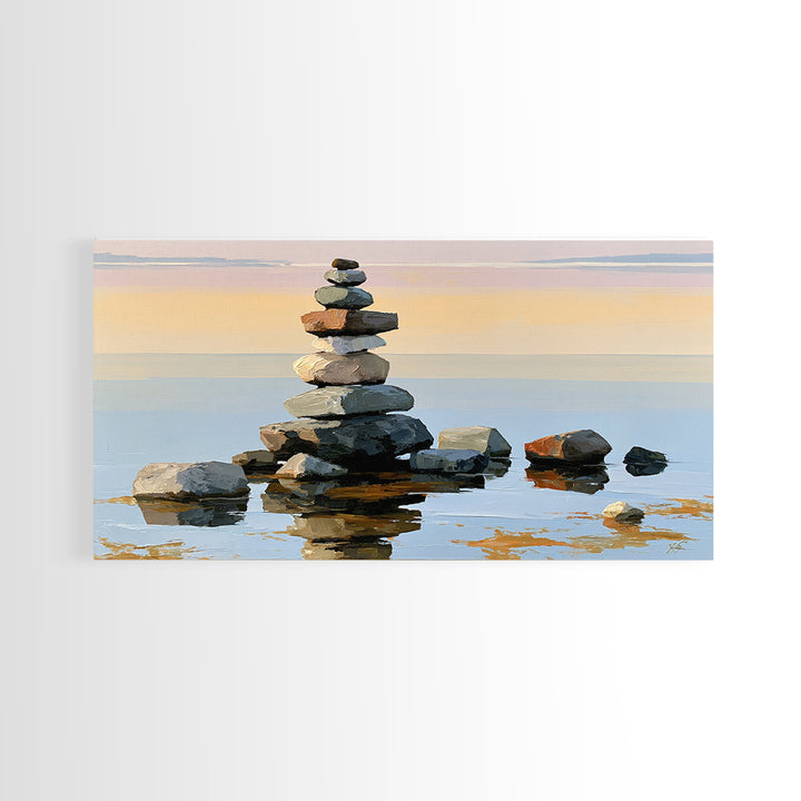 Stacked Stones Beside Calm Water Canvas Print, Spa Art, Animal Art, Spa Decor, Fine Art, Serenity, Gallery Decor, Neutral Decor, SPA-2x1-69