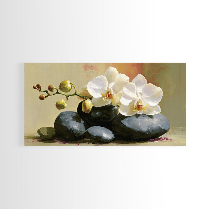 White Orchid on Smooth Gray Stone Canvas Print, Spa Art, Botanical Art, Spa Decor, Fine Art, Serenity, Fashion Wall Art, SPA-2x1-70