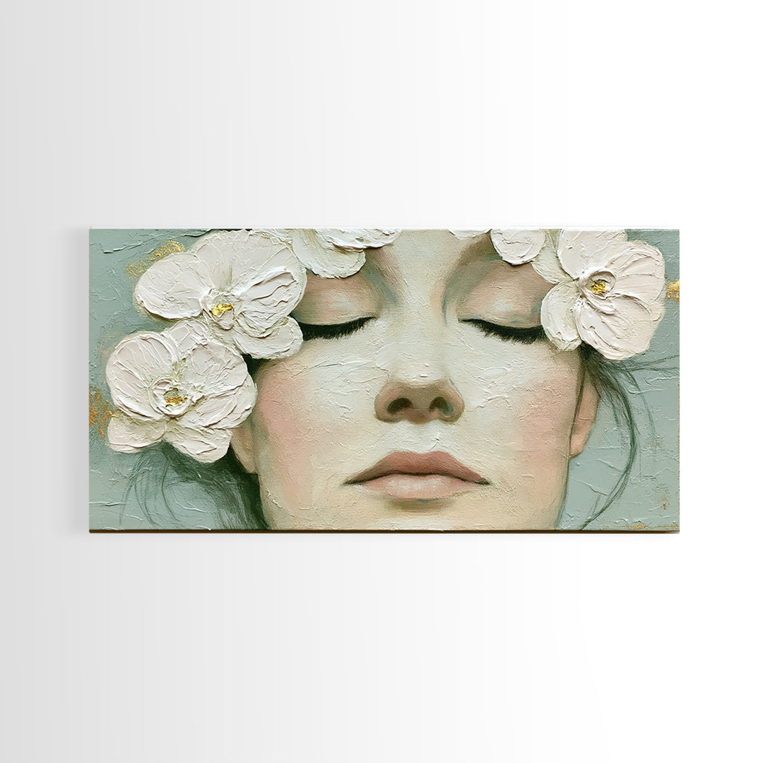 Minimal Face with Closed Eyes and Flowers Framed Canvas Print, Spa Art, Spa Wall Art, Spa Decor, Watercolor Art, Serenity, SPA-2x1-87
