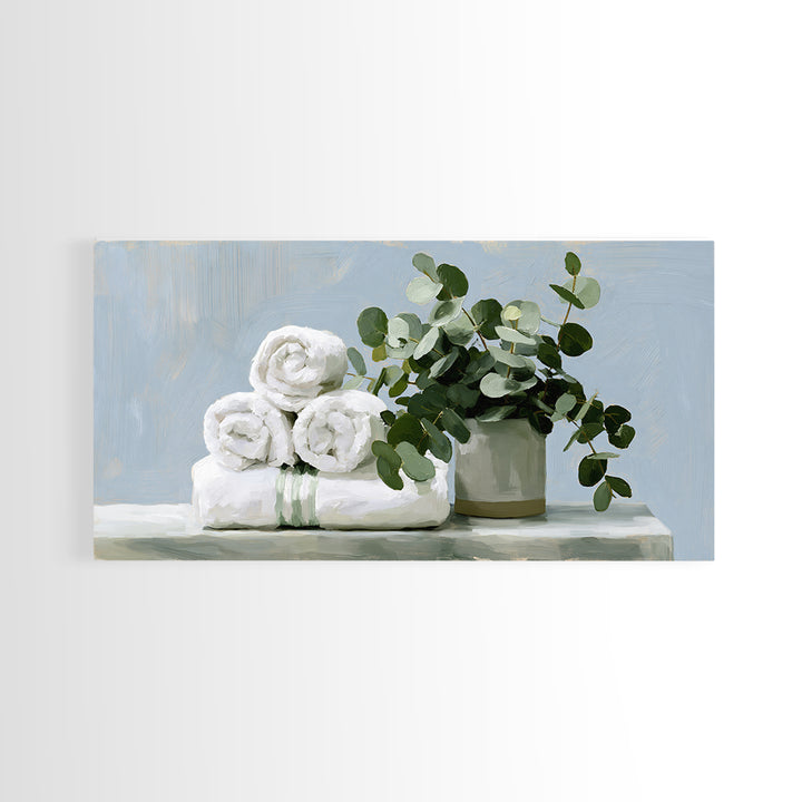 White Towels and Eucalyptus Without Room Context Framed Canvas Print, Spa Art, Abstract Print, Spa Decor, Oil Painting, SPA-2x1-92