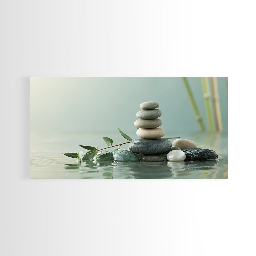 Stacked Stones Beside Calm Water Canvas Print, Spa Art, Animal Art, Spa Decor, Fine Art, Serenity, Gallery Decor, Neutral Decor, SPA-2x1-93