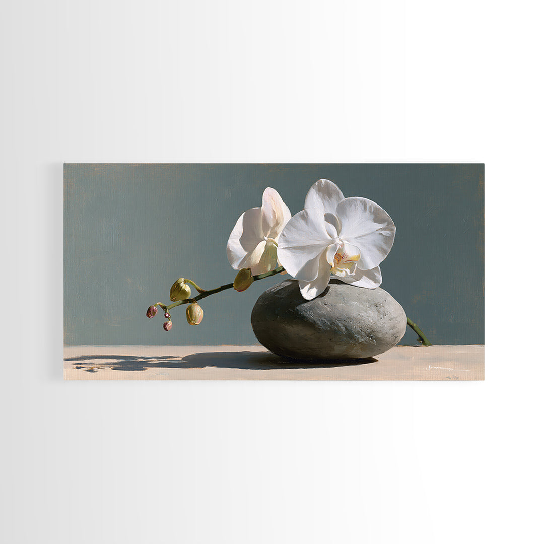 White Orchid on Smooth Gray Stone Canvas Print, Spa Art, Botanical Art, Spa Decor, Fine Art, Serenity, Fashion Wall Art, SPA-2x1-94