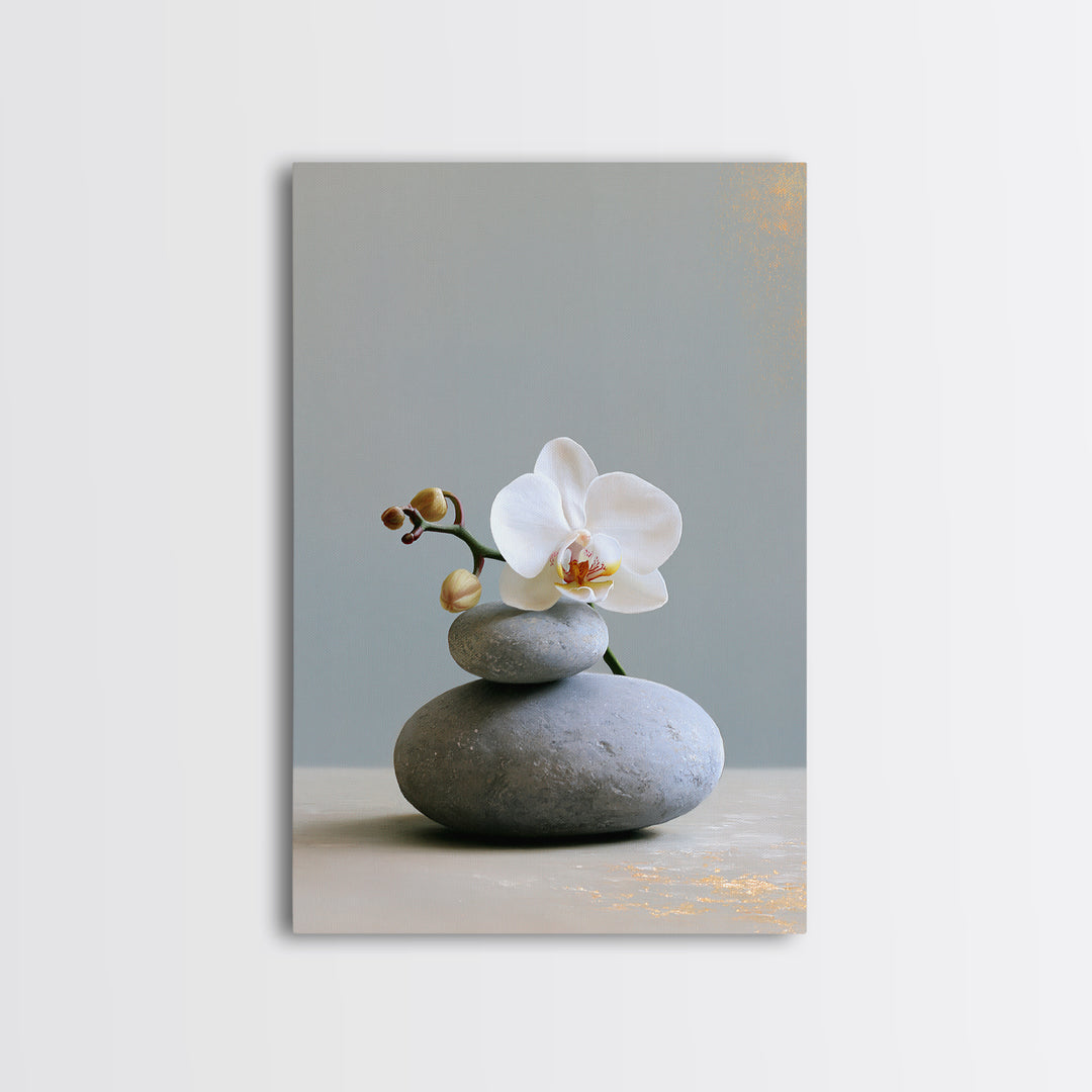 White Orchid on Smooth Gray Stone Canvas Print, Spa Art, Minimalist Decor, Spa Decor, Fine Art, Serenity, Contemporary Art, SPA-2x3-10