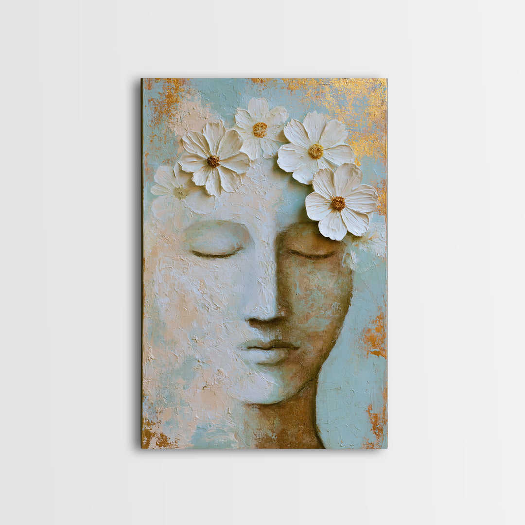 Minimal Face with Closed Eyes and Flowers Framed Canvas Print, Spa Art, Art Print, Spa Decor, Watercolor Art, Serenity, SPA-2x3-3